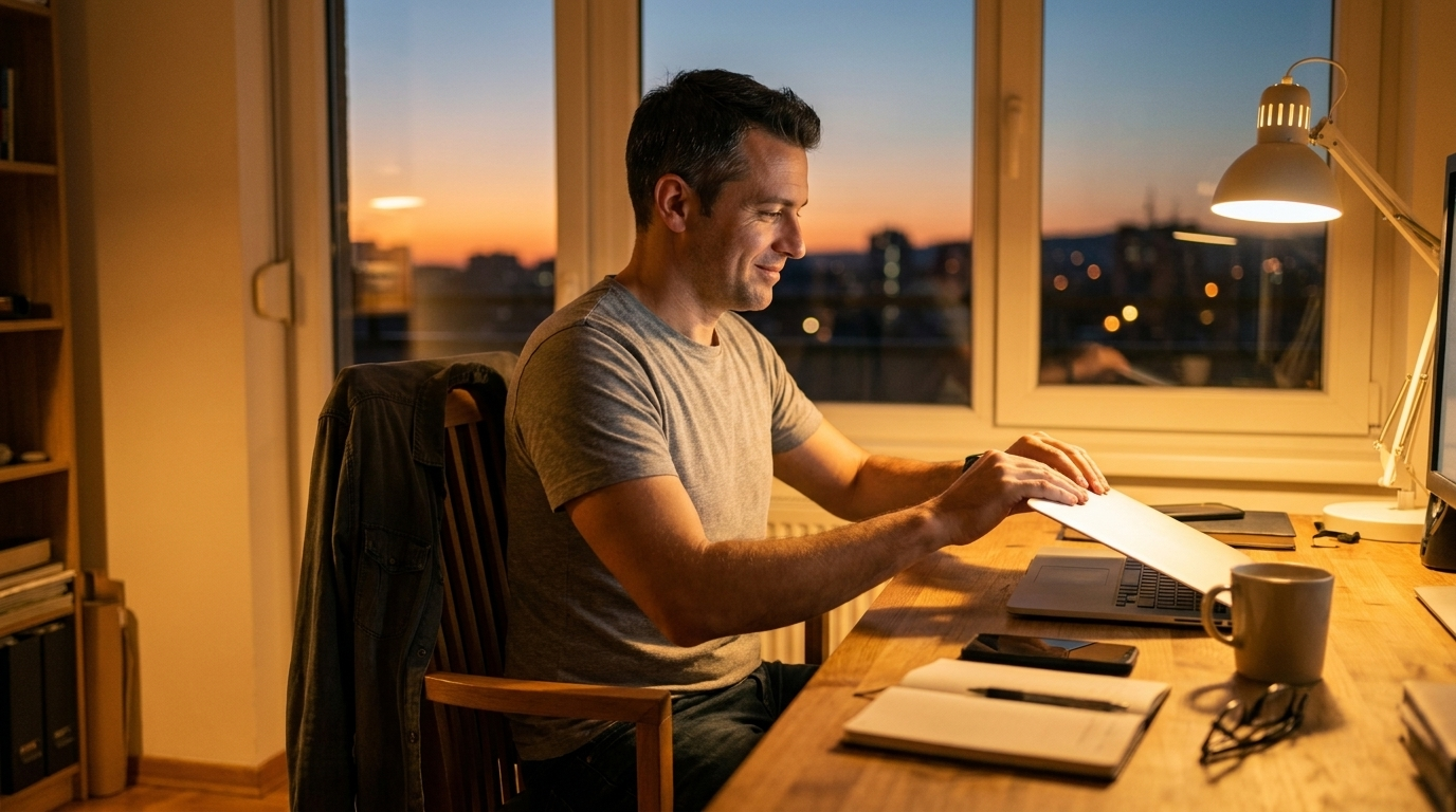 Man seated at a desk at dusk, working upright and alert by warm window light