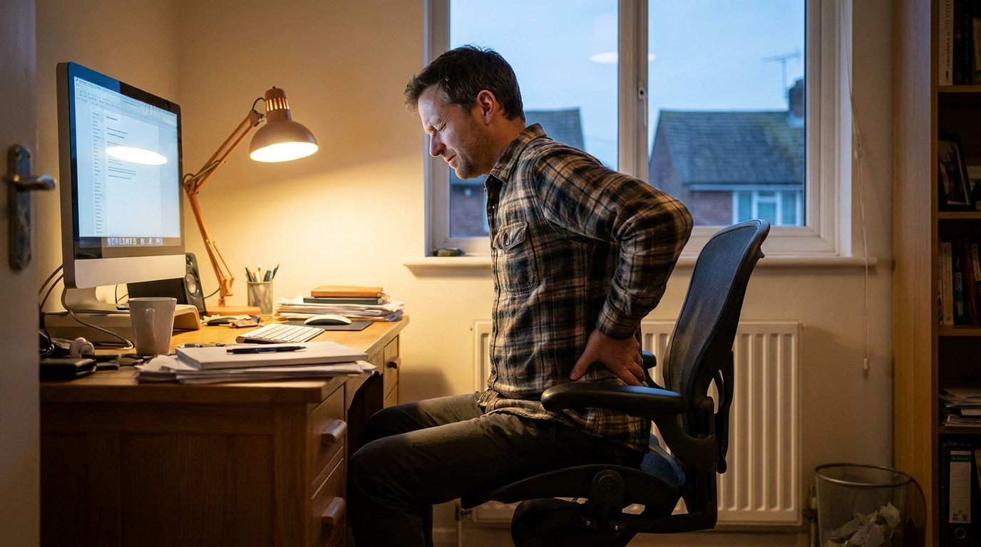 Man seated at a home office desk, holding his lower back in discomfort