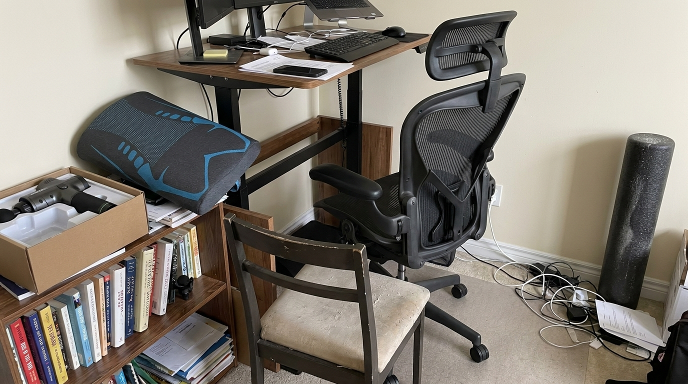 Home office with ergonomic chair, standing desk, lumbar support, and recovery tools