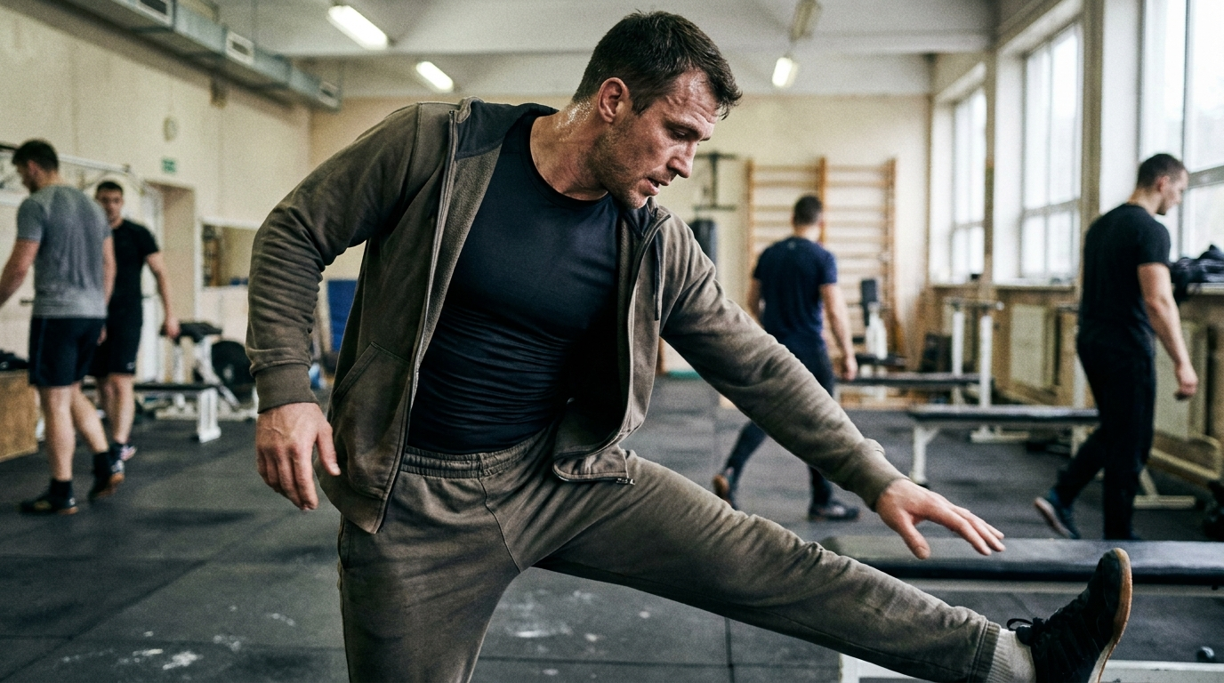 Man stretching in a gym, wearing a compression base layer under athletic wear